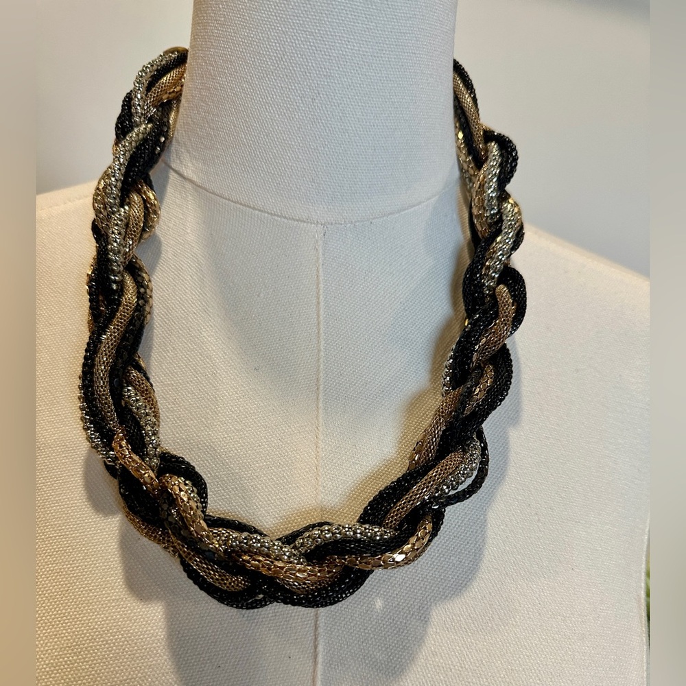 Tasha Chunky Braided Metal Chain Necklace | Black Gold Silver Statement